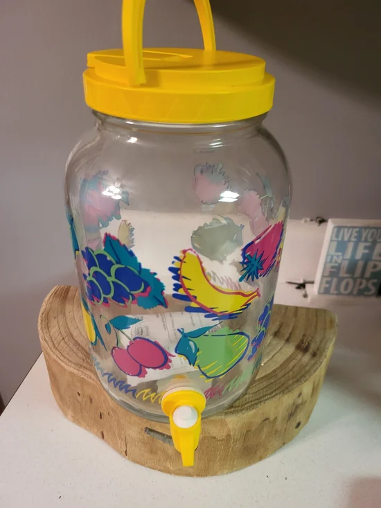 Vintage 1 Gallon Glass Sun Tea Drink Jar Colorful Fruit Pattern Gorgeous!🍓🍋🍊