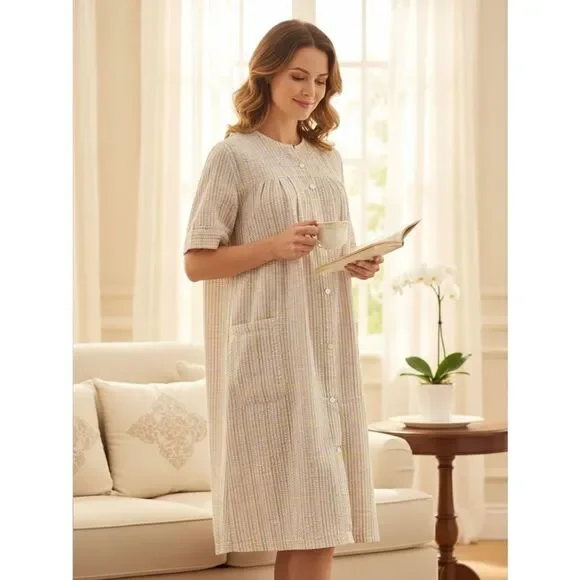 Miss Elaine seersucker snap-front robe, housecoat Sz 1X