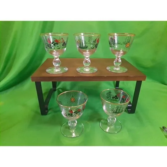 Vintage Libbey /Set of 5 /Treasure‎ Island Pirates /8 oz. Gold Rim Bar  Glasses