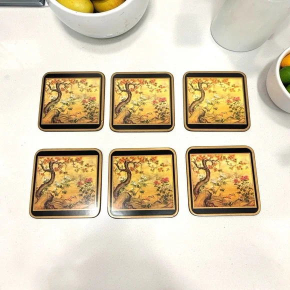Vintage Pimpernel Acrylic Coasters Chinese Screen Pattern‎ Back Corked set Of 6