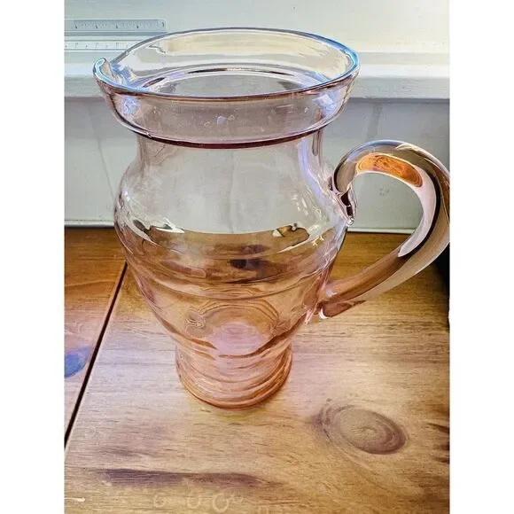 Depression Glass Pitcher Peachy Pink‎ Clear w/ Pattern Dot & Applied Handle VTG