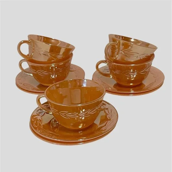 Vintage Fire King Peach Lustre Laurel Leaf Iridescent Cups and Saucers Set‎ of 5