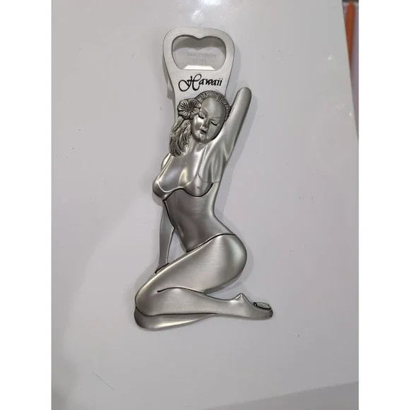 Hawaii Beer Bottle Opener WomanBikini‎ Tropical Flower Pewter Magnet 6