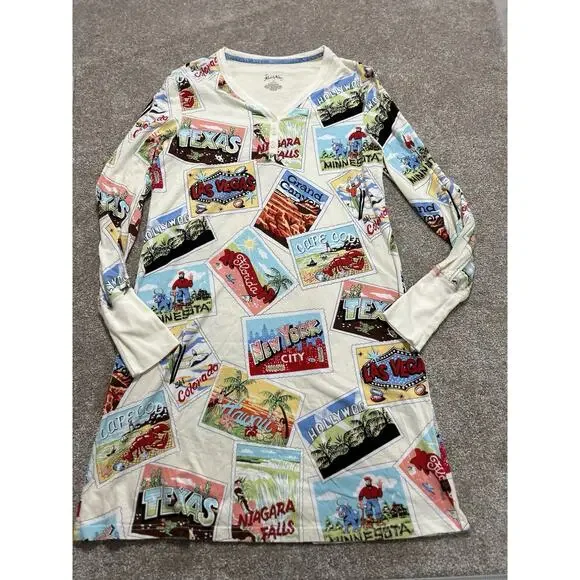 Nick & Nora‎ Travel Postcard Print Long Sleeve Pajama Dress Nightgown Size Small
