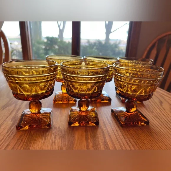 6 Vintage Indiana Glass/Park Lane/Colony Glass Amber Pedestal Glasses/Dishes