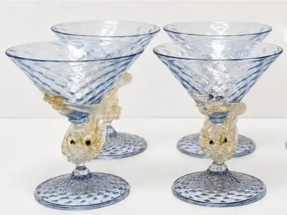 Set of Four (4) Murano Fish Stem Cocktail Glass, Attributed to Barovier & Toso