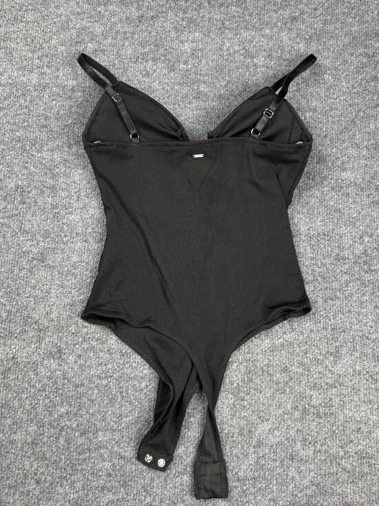 GUESS Black Bodysuit Women's Size L V-Neck Stretch Snap Bottom Q1YP03R17Z7 Lint