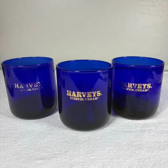 Vintage Harvey’s Bristol Cream Cobalt Blue Rocks Glasses Set of 3 Gold Logo