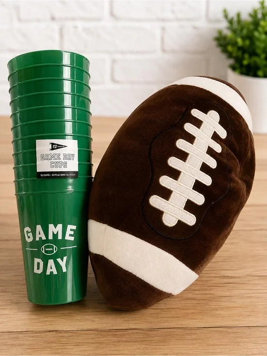 Pack of 12 game reusable party cups and plush football