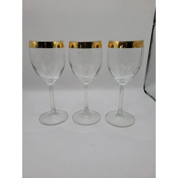 Vintage‎ Cellini Italian Blown Crystal Wine Glasses Stems 24K Gold Trim Set of 3