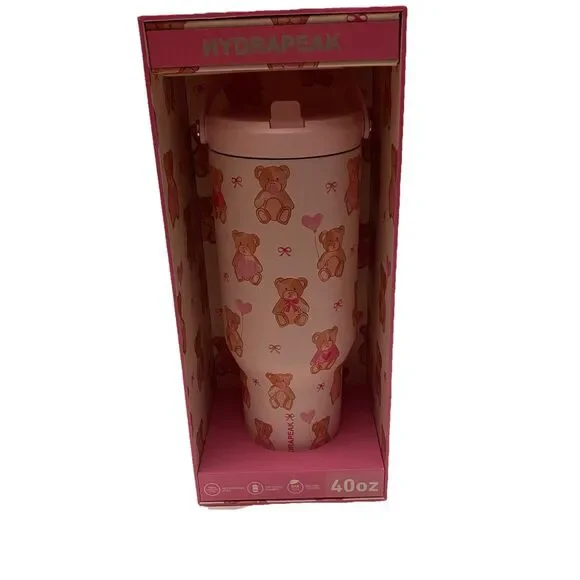 Hydrapeak Valentine's day Pink Teddy Bear with Pink Bow Holding Balloons Tumbler