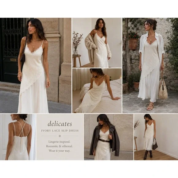 Delicates Ivory Lace Swiss Dot Asymmetrical Slip Dress Small Bridal Nightgown