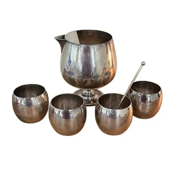 Poole EPCA‎ Silverplate Punch Bowl Set 6pc #834 #837 Cups Swizzle Stick Vtg MCM