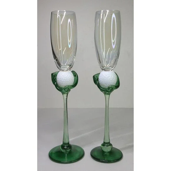 Pair Vintage Hand Blown Brioni Glass The Perfect Lie Champagne Flutes Golf Ball