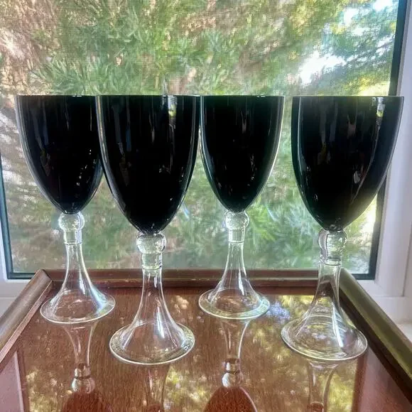 Set of 4 Pier 1 Imports Vintage Dante Black Wine Glasses Water Goblets