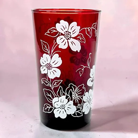 Vintage Anchor Hocking Ruby Red Glass Tumbler Cup White Floral Pattern 5 Inch