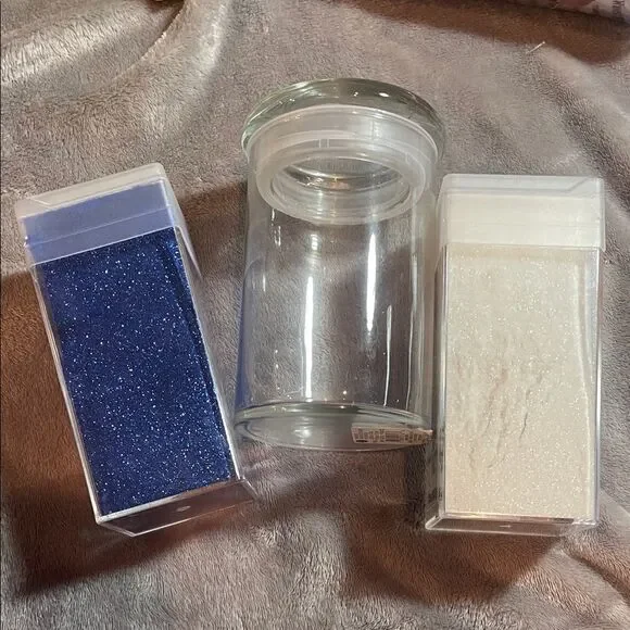 Glass jar and blue and white polyester extra fine glitter