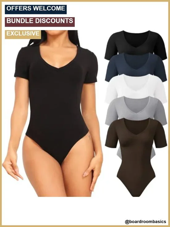 5 Pack Womens Short Sleeve V Neck Bodysuits Rayon Spandex Snaps