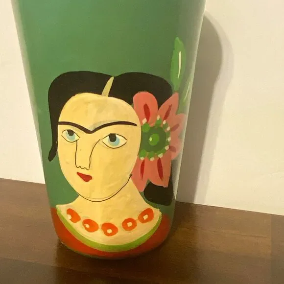 Green Metal Tumbler 16 oz Frida Kahlo Portrait Floral Folk Art 5.5 in
