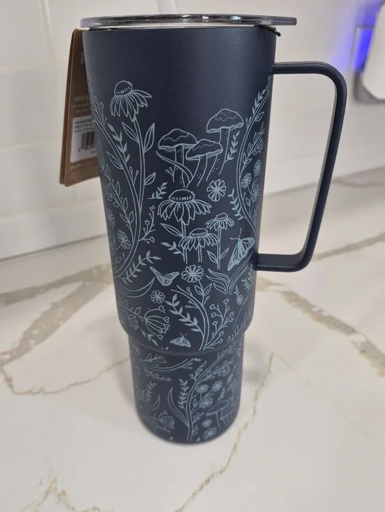 Life Is Good Tidal Blue Travel Tumbler with Tonal Wildflower Meadow has  Handle