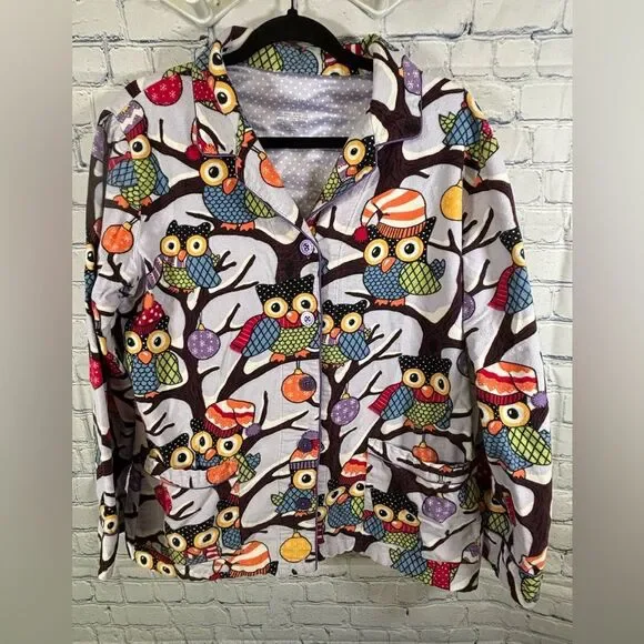 Nick & Nora Purple Owls in Hats Holiday Print Cotton Holiday Pajama Top Size L
