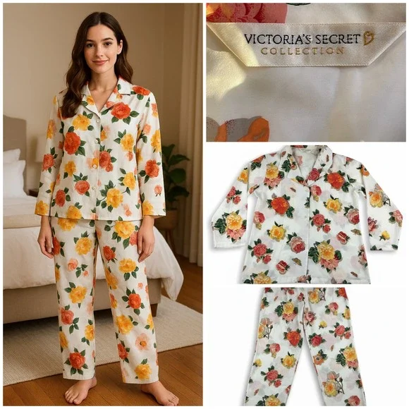 Vintage Victoria's Secret Collection Floral Pajama Set L 1995 Button Top Pants‎