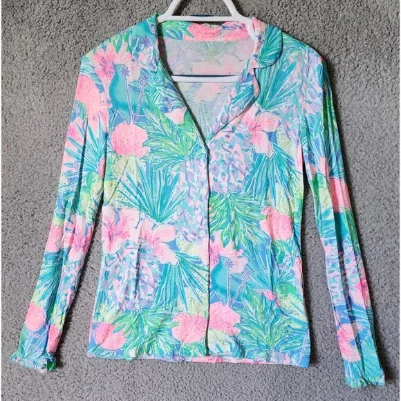 Lilly Pulitzer Women's Sz XXS‎ Long Ruffle Sleeve Button Front Pajama Top Floral