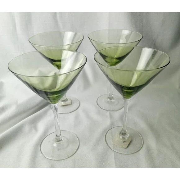 Vtg Libbey Large Olive Green Martini Glasses Clear Stem Cocktail MCM Set of 4