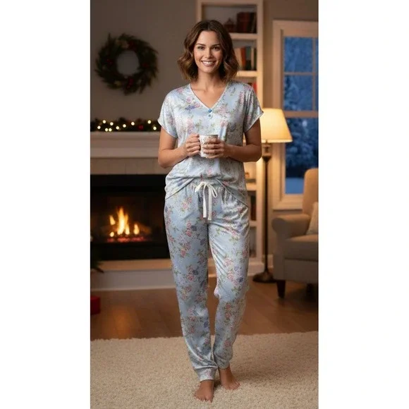 Kristine Tyler‎ Intimates Pajama Set Women's 3X Blue Floral Polyester Satin USA