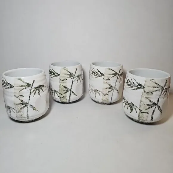 Set Of 4 Japanese Stoneware Handleless Tea Cup Yunomi Green Bamboo