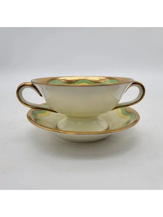 Royal Doulton Valery Gold Trimmed Double-Handled Bouillon Bowl Tea Cup & Saucer