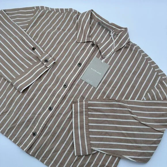 Everlane‎ The Woven 100% Cotton Long Sleeve PJ Pajama Top, Size XS, Brown Stripe