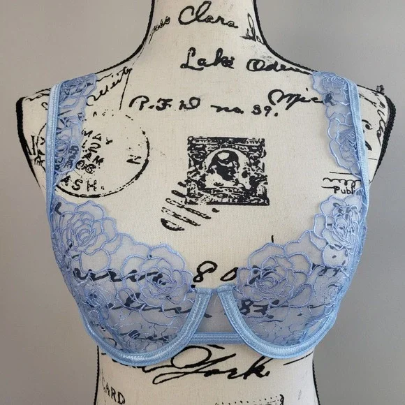 Blue lace‎ bra sheer floral medium rose print pastel coquette feminine romantic