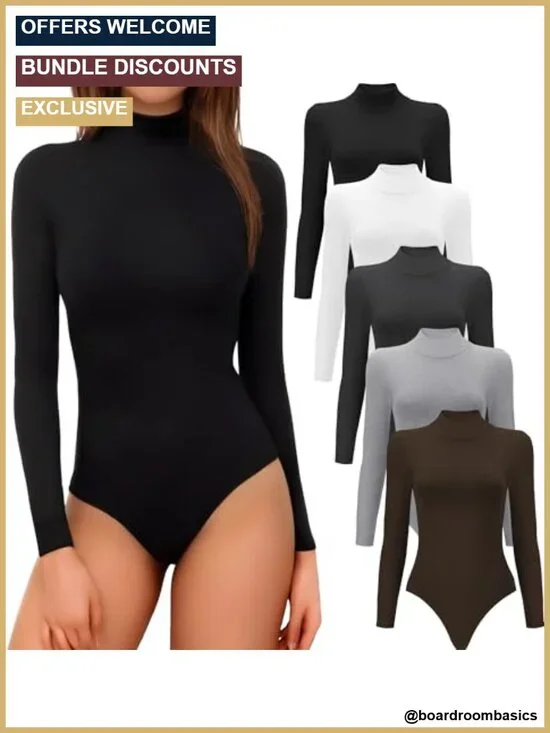 4/5 Pack Long Sleeve Mock Turtleneck Bodysuit for Women, Snaps, Stretchy