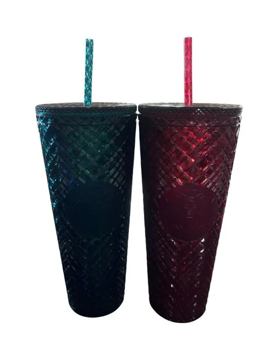 Two Starbucks Jeweled Venti Cold Cup Tumblers 24oz Emerald Green & Ruby Red New