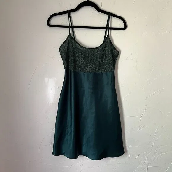 Vintage Victoria's Secret Dark Green Satin Lace Slip Dress Gold Label Size Small