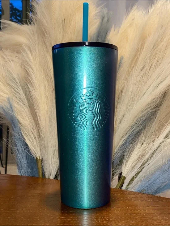 Collectible Metallic Starbucks Teal Shimmer Tall Tumbler with Teal Straw
