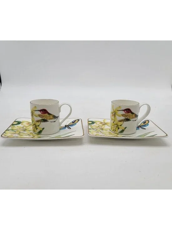 Pair Of Villeroy & Boch Amazonia Espresso Cups & Saucers Hummingbirds