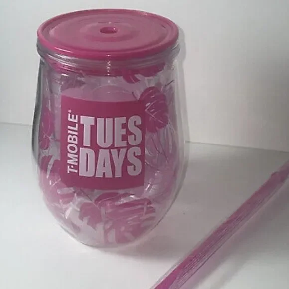 T-Mobile Tropical Tumbler Lid Straw Pink Tropical Palm Leaf Design Plastic New