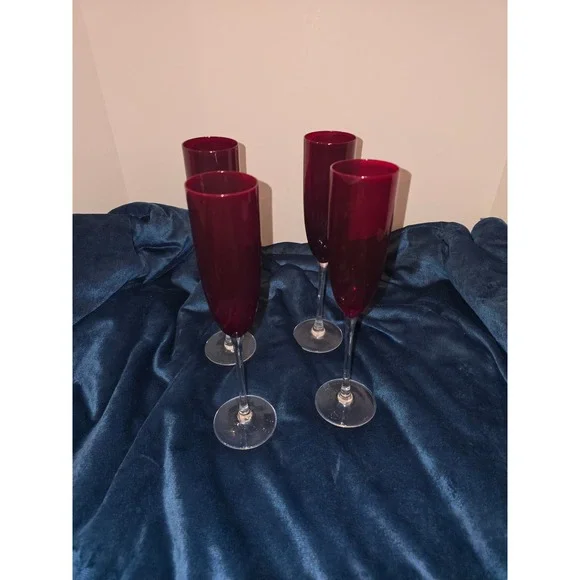Lenox Red Champagne Flutes Set of 4 Ruby Glass Toasting Stems 10.5 Inch
