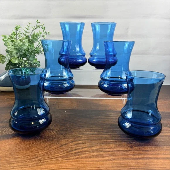 Cobalt Blue Hand Blown Glass Tumblers Scandi Modern MCM Barware Set of 6