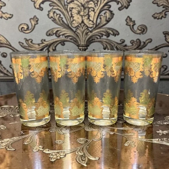 Georges Briard Signed Carrara‎ Highball Glasses, Set of 4, Gold & Green Tumblers