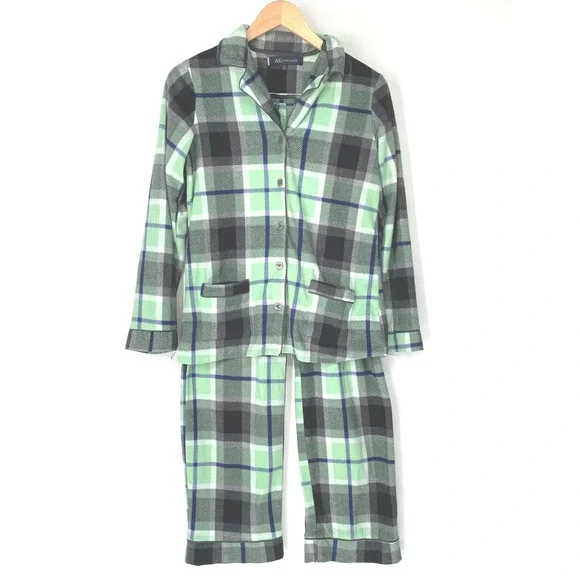 Anne Klein Women Pajama Set S Fleece Green Plaid‎ Button Down Cozy