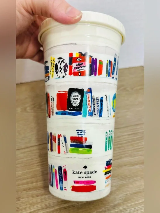 kate spade White Travel Tumbler with Colorful Illustrated Bookshelf