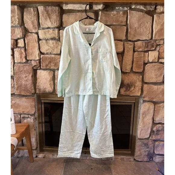 VTG Miss Elaine Satin Pajamas Long Sleeve Set Pants Top L Mint Pastel Green 2Pc