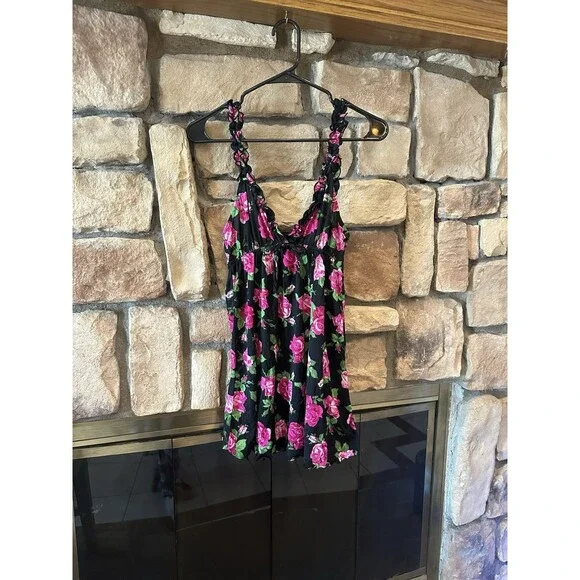 Y2K Smart & Sexy Lingerie Black/Pink Rose Babydoll Slip Dress Ruffle Bow Sheer L