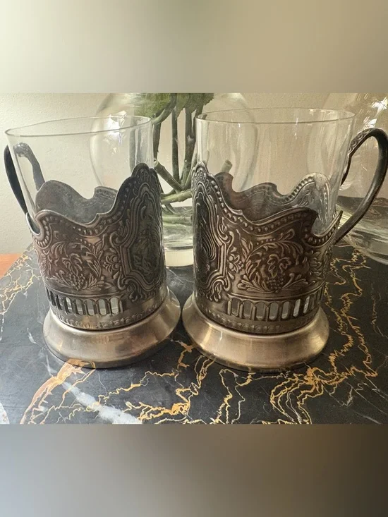 RARE Two Russian “Space” Nickel Glass Tea Cup Wine Holders  podstakanniki