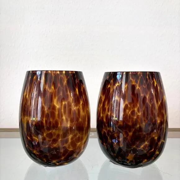 NEW Tortoise Shell Stemless Wine Glass Set of 2 Chic Barware 15oz