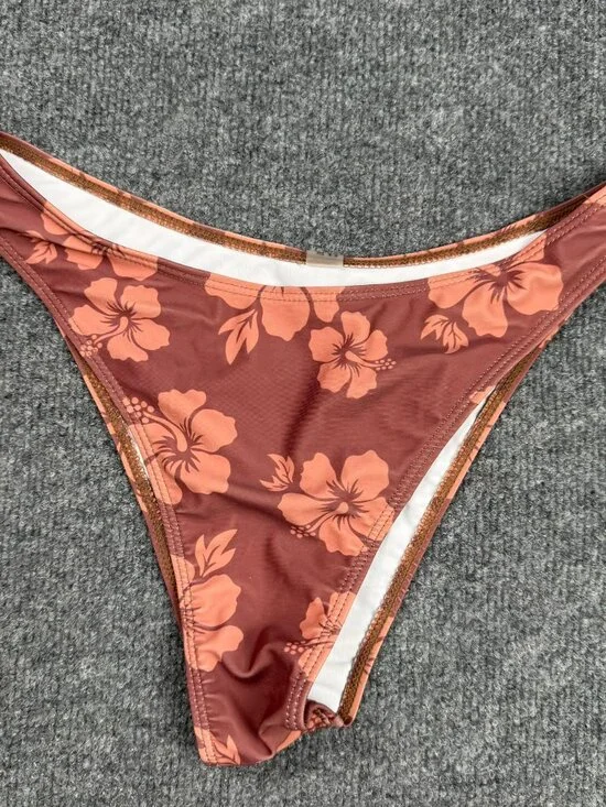 Y2K Hibiscus Floral High Leg Bikini Bottoms Size Medium Brown Tropical Swim
