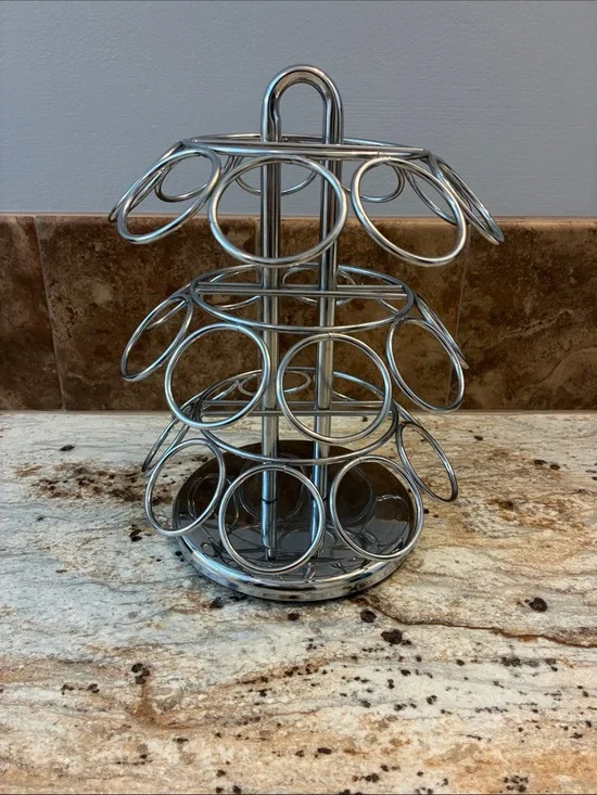 Chrome Coffee Pod Carousel Holder - Sleek Silver Capsule Organizer